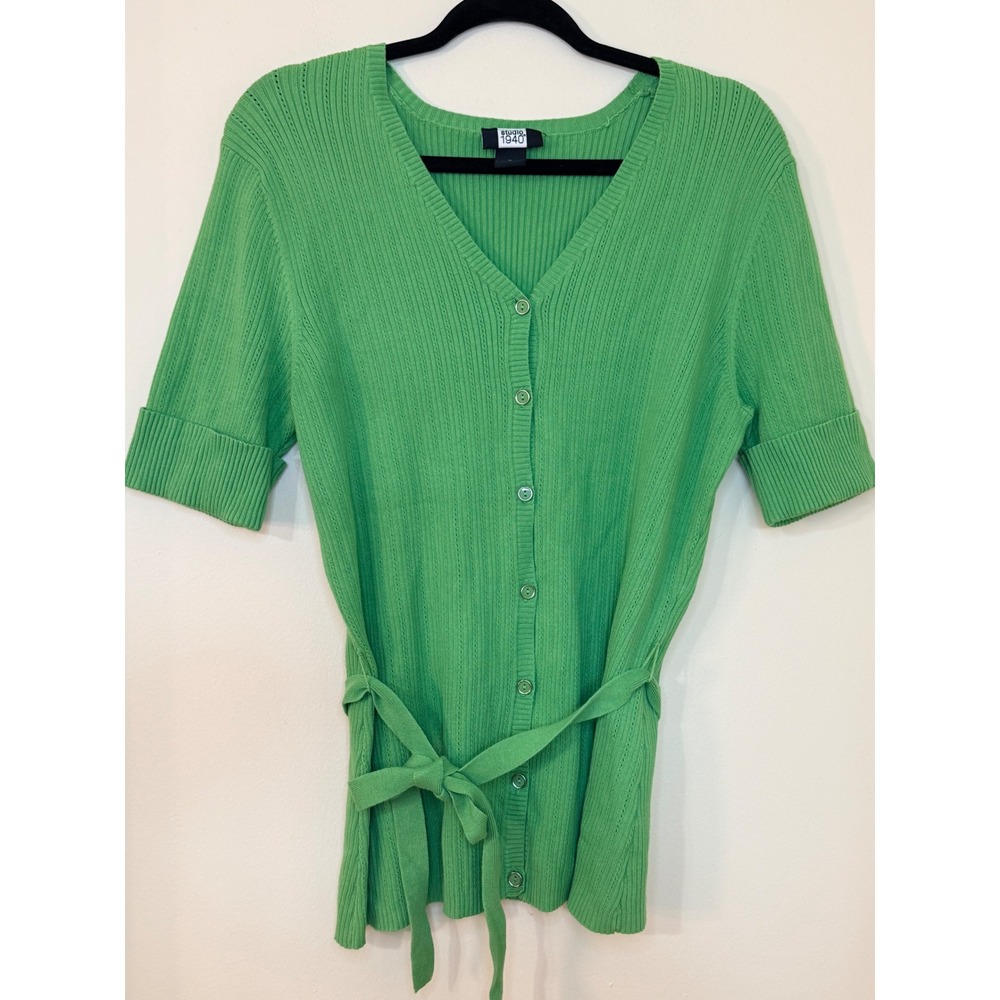 Studio 1940 Womens XL Green Ribbed Short Sleeve Belted Button Front Cardigan